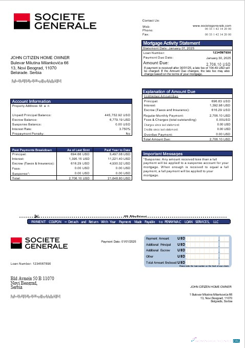 Download Serbia Societe Generale bank mortgage statement in Word and PDF formats Photoshop template